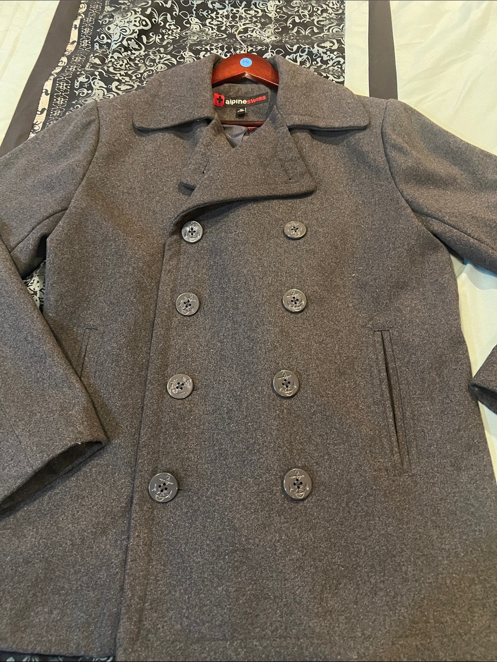 Alpine Swiss Men's Charcoal Double-Breasted Wool Peacoat